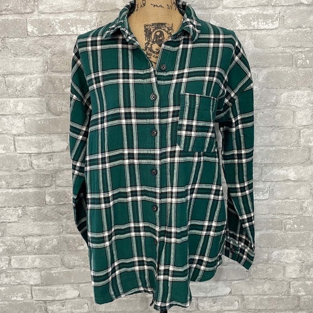 Garage Green Plaid Flannel Button Down Shirt